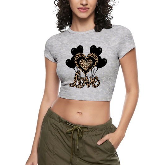 Leopard Love Heart Balloons Retro Gray Y2K Crop Tee