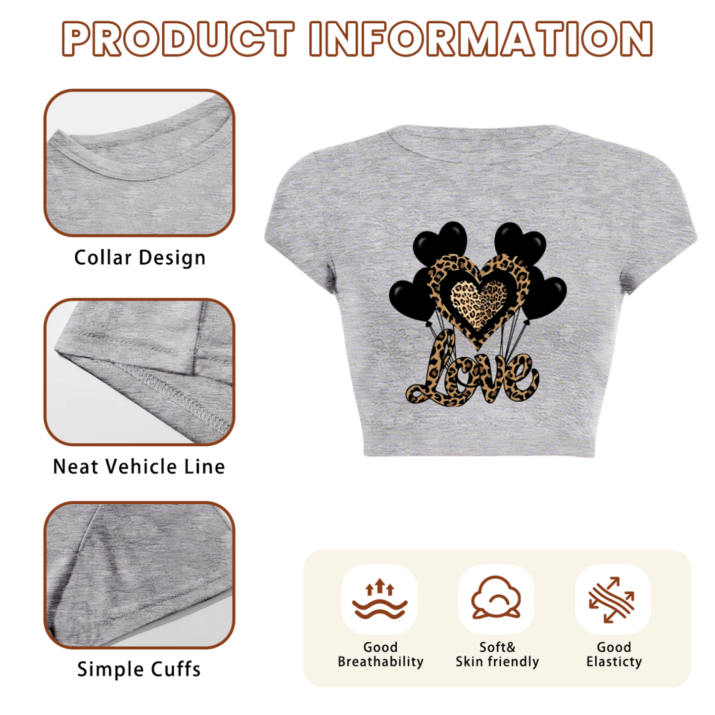 Leopard Love Heart Balloons Retro Gray Y2K Crop Tee