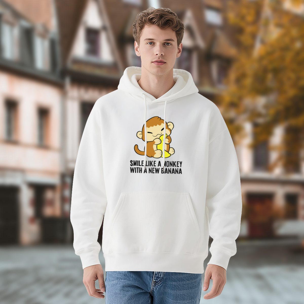 Cute Monkey Banana Cartoon White Hoodie, Soft Sweet Casual Men Women Pullover