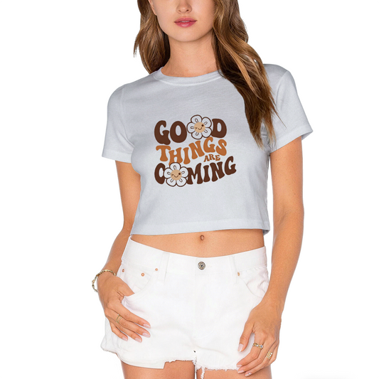 Boho Gray Crop Tee Printed With Flowers & Good Things Are Coming Quote