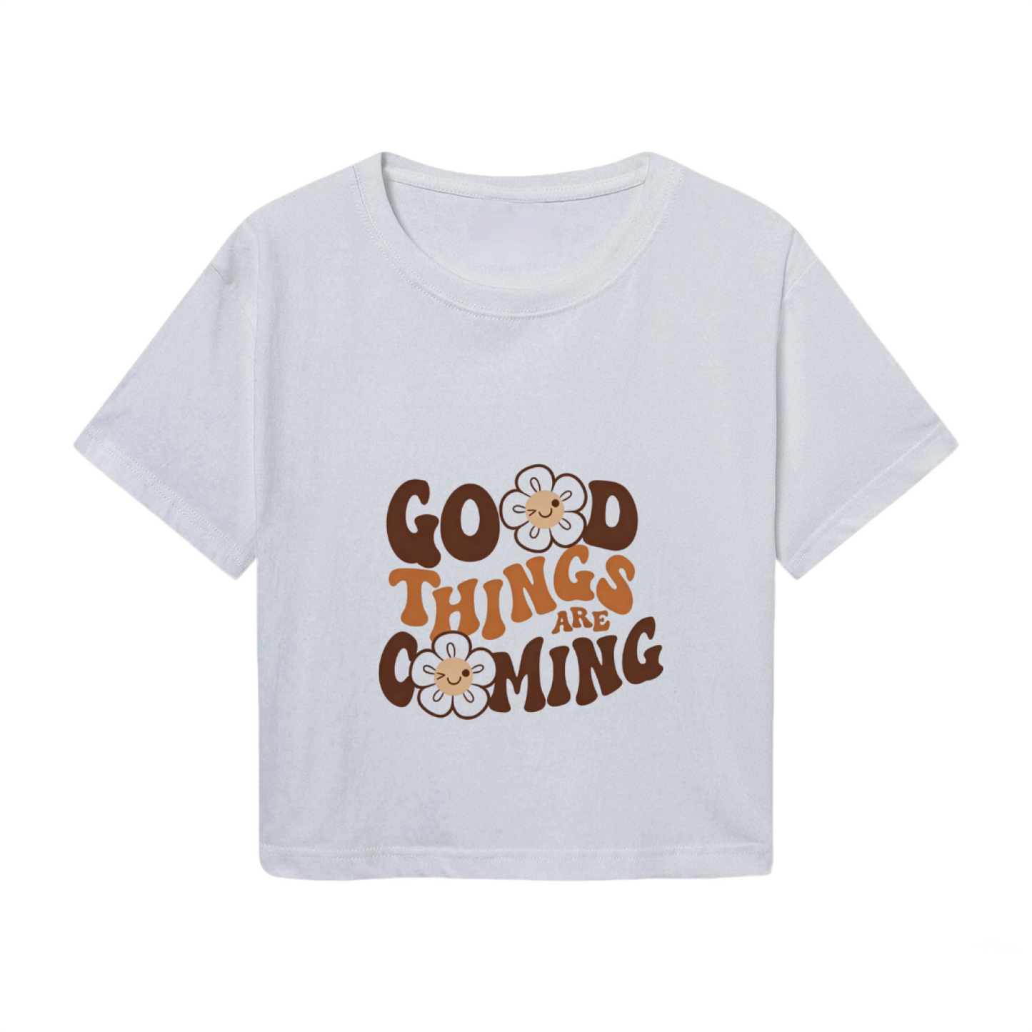 Boho Gray Crop Tee Printed With Flowers & Good Things Are Coming Quote