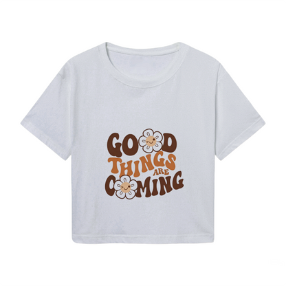 Boho Gray Crop Tee Printed With Flowers & Good Things Are Coming Quote