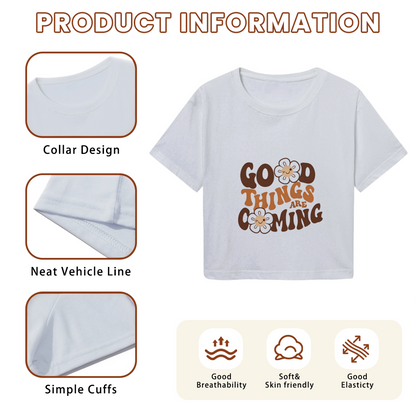 Boho Gray Crop Tee Printed With Flowers & Good Things Are Coming Quote