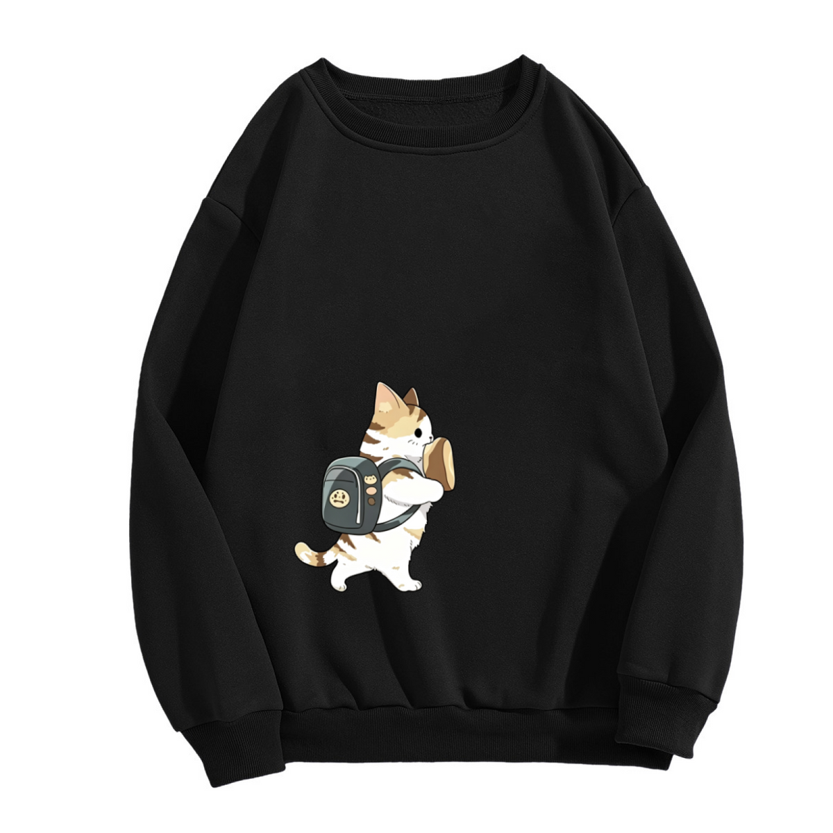 Adorable Backpack Kitten Toast Cartoon Black Crewneck Cute Daily Sweatshirt