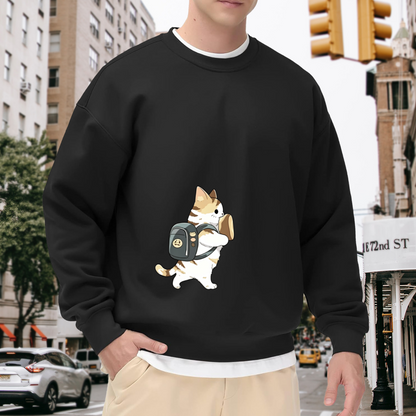 Adorable Backpack Kitten Toast Cartoon Black Crewneck Cute Daily Sweatshirt