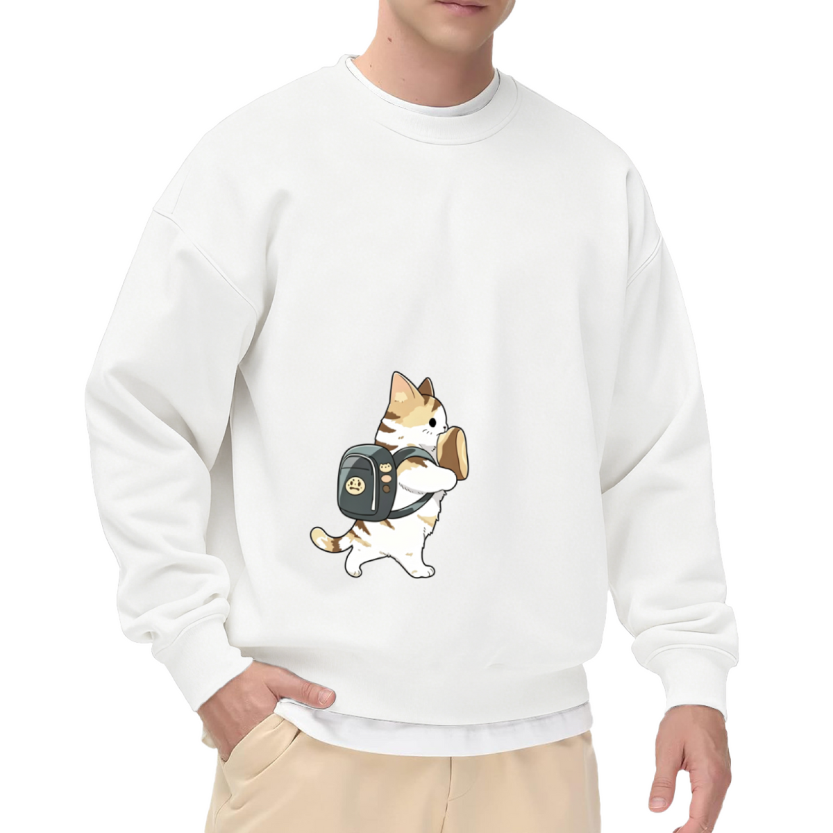 Adorable Backpack Kitten Toast Cartoon Black Crewneck Cute Daily Sweatshirt