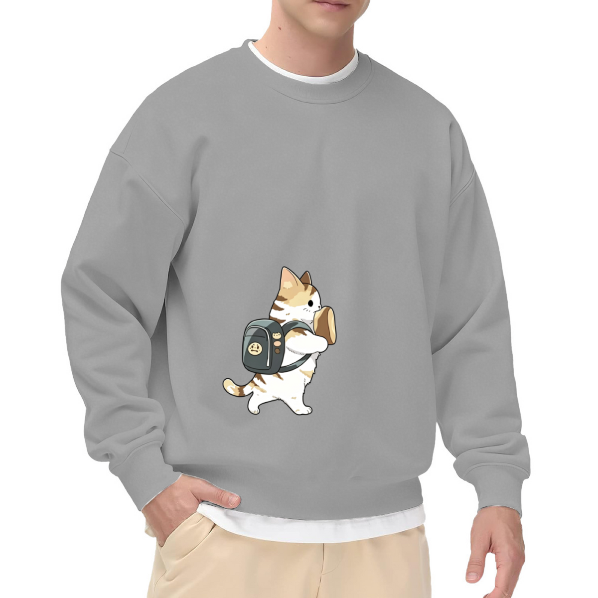 Adorable Backpack Kitten Toast Cartoon Black Crewneck Cute Daily Sweatshirt