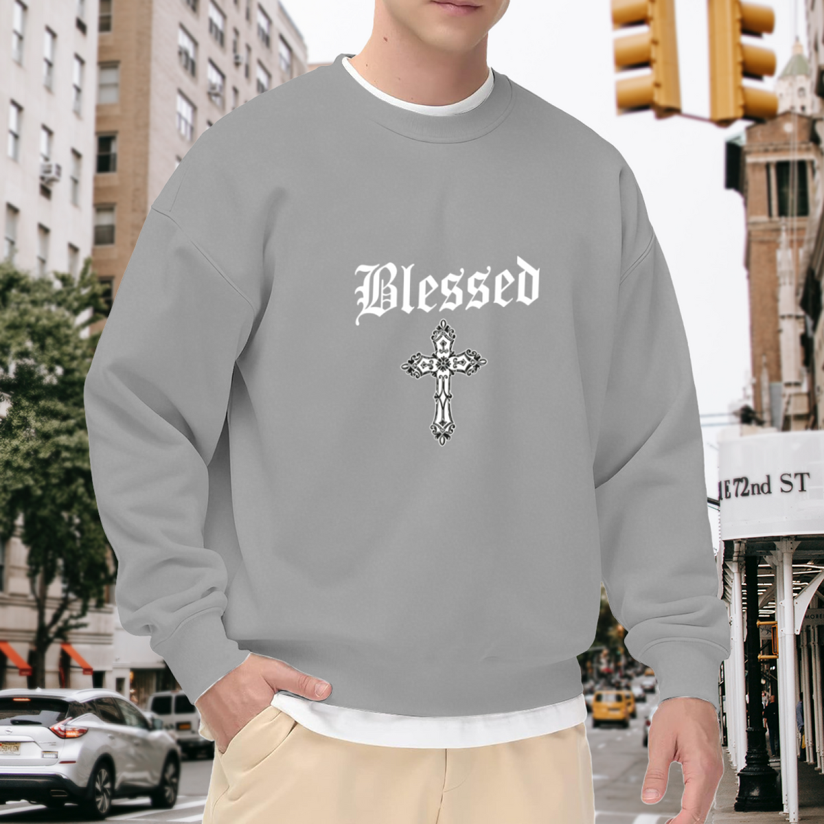 Blessed Gothic Cross Grey Crewneck Sweatshirt