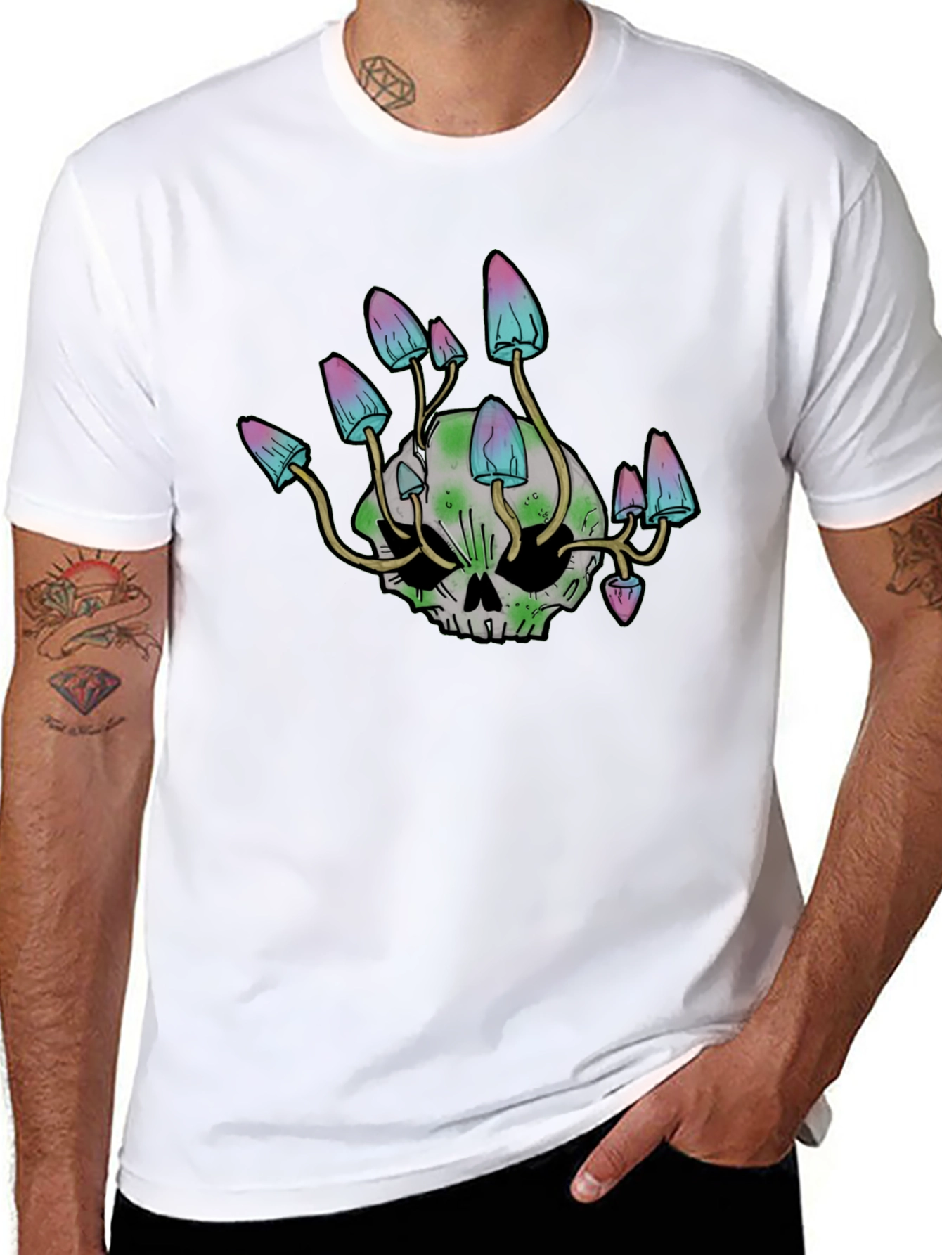 Skull Mushroom Graphic Tee - Black Cotton Blend Shirt