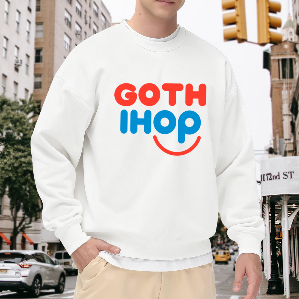 Goth IHOP Funny Parody Graphic Crewneck Sweatshirt, Meme Style Pullover