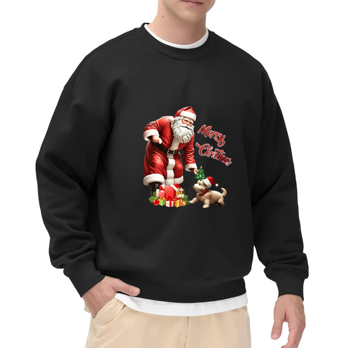 Santa & Cute Puppy Merry Christmas Crewneck Sweatshirt