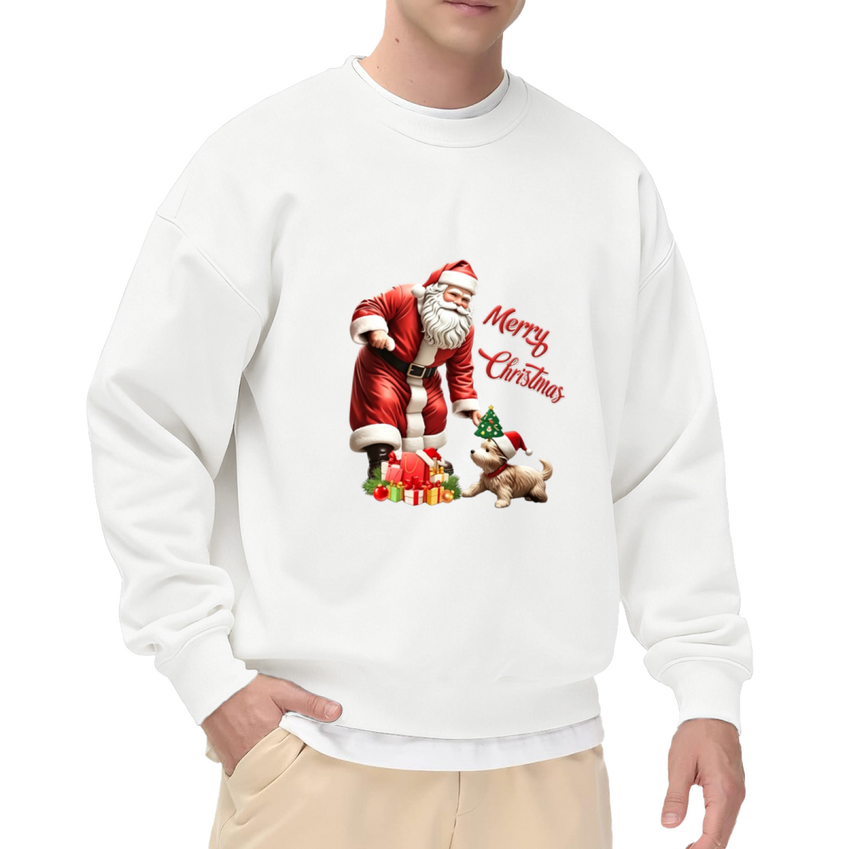 Santa & Cute Puppy Merry Christmas Crewneck Sweatshirt