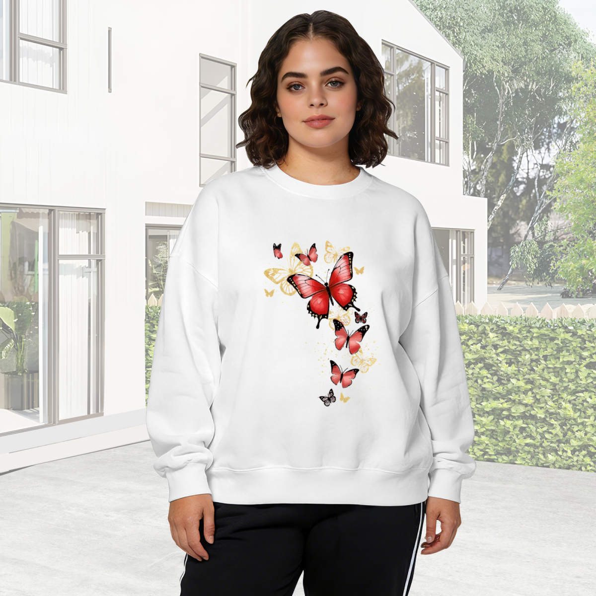 Fresh Green Butterfly & Peony Botanical Crewneck Sweatshirt