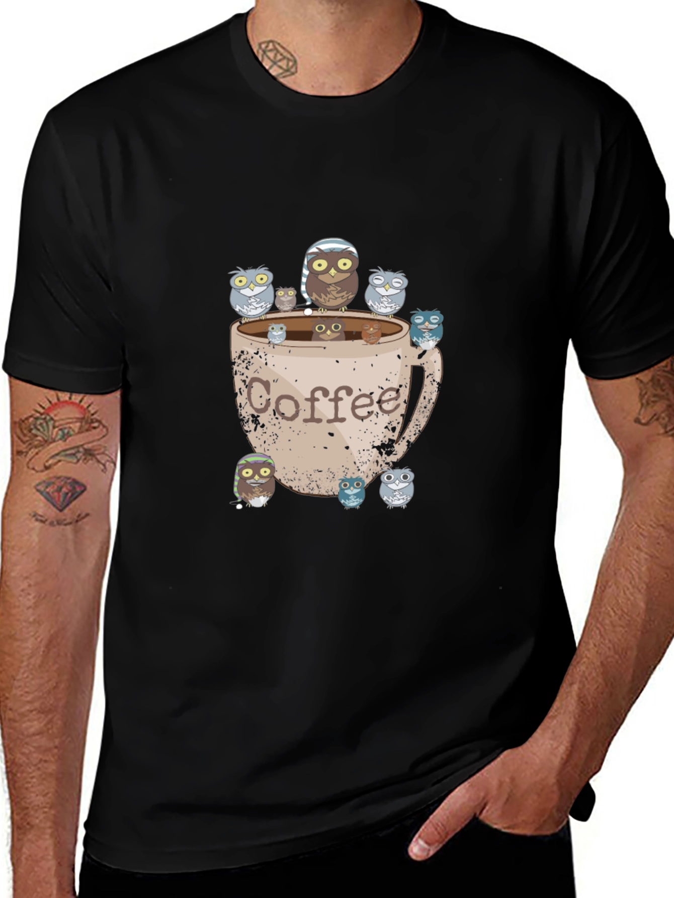Coffee Owl Graphic Tee - Black Cotton T-Shirt