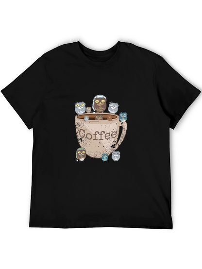 Coffee Owl Graphic Tee - Black Cotton T-Shirt