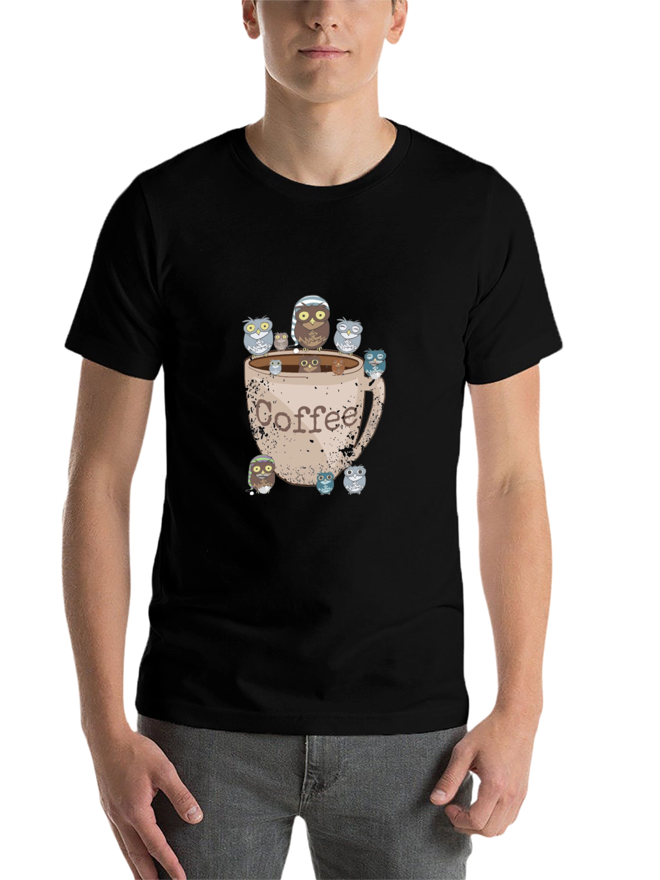 Coffee Owl Graphic Tee - Black Cotton T-Shirt
