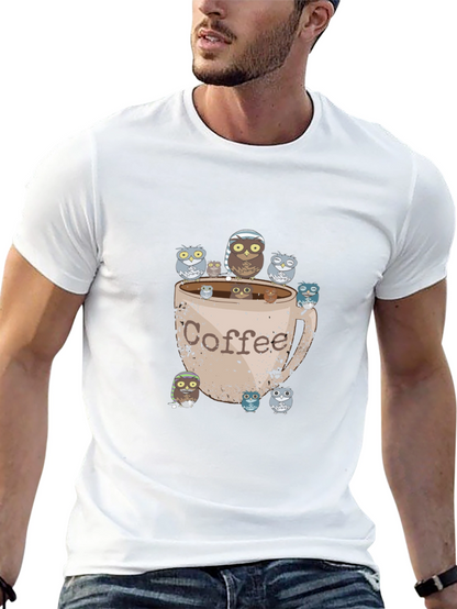 Coffee Owl Graphic Tee - Black Cotton T-Shirt