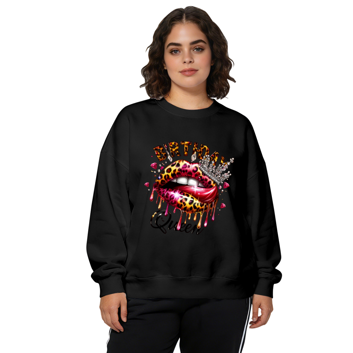 Leopard Drip Lips Birthday Queen Glam Party Crewneck Sweatshirt