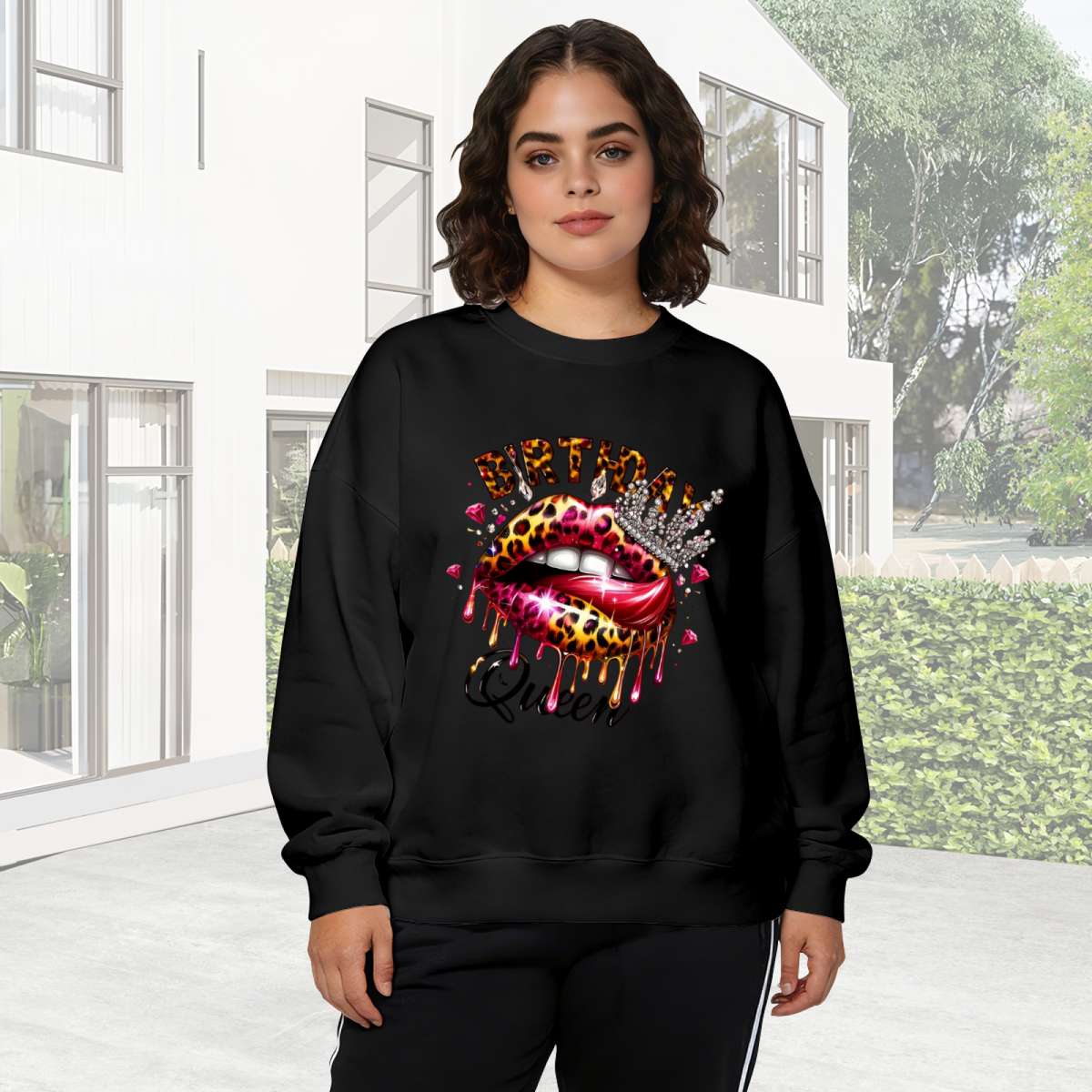 Leopard Drip Lips Birthday Queen Glam Party Crewneck Sweatshirt
