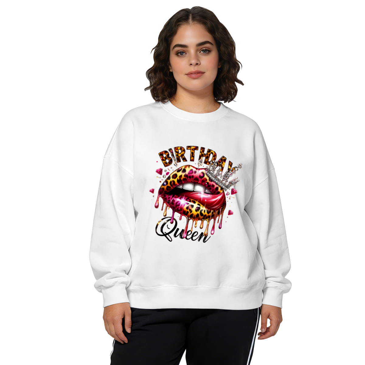 Leopard Drip Lips Birthday Queen Glam Party Crewneck Sweatshirt