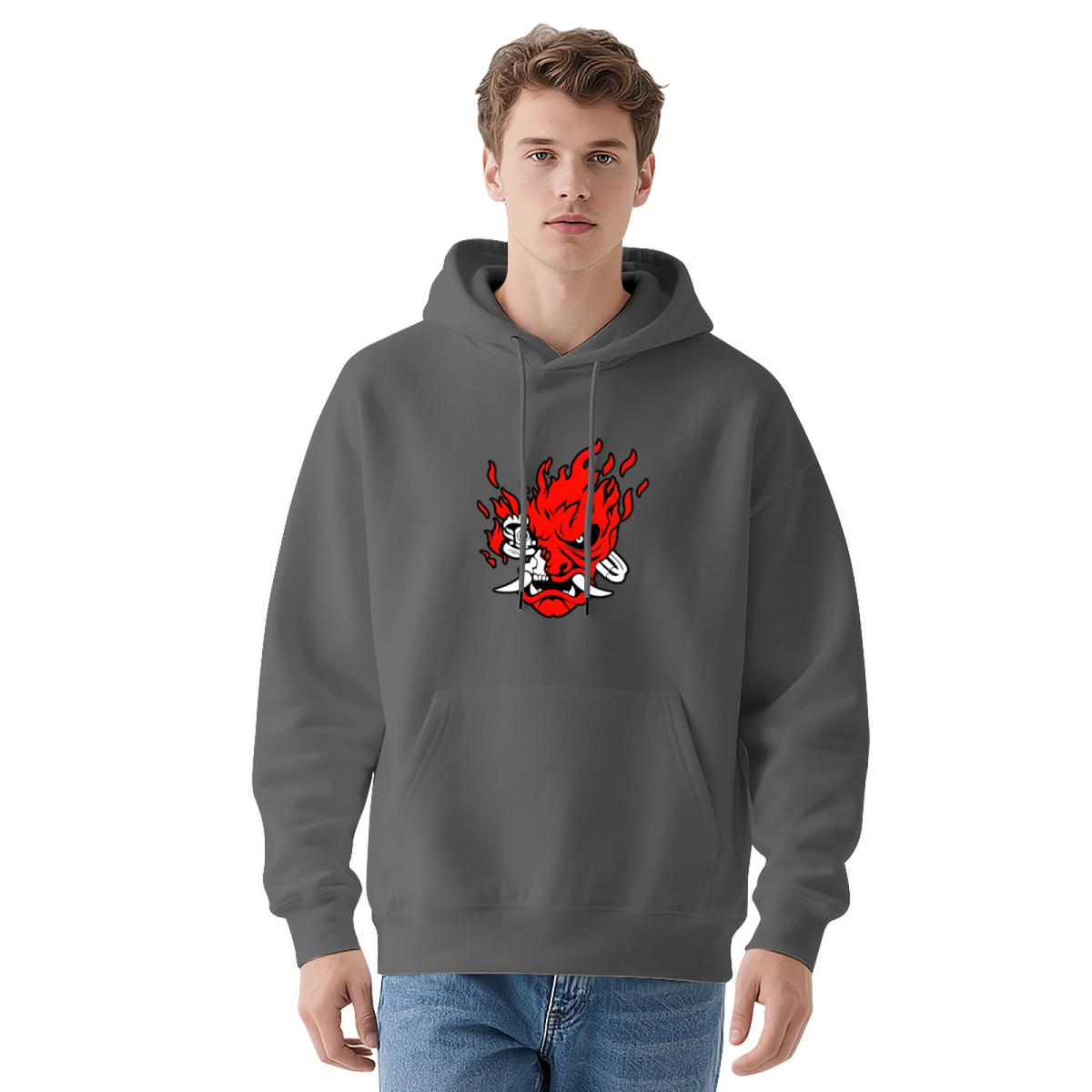 Fiery Oni Demon Mask Graphic Hoodie