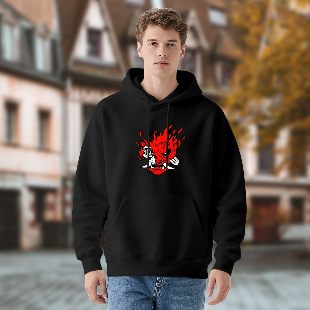 Fiery Oni Demon Mask Graphic Hoodie