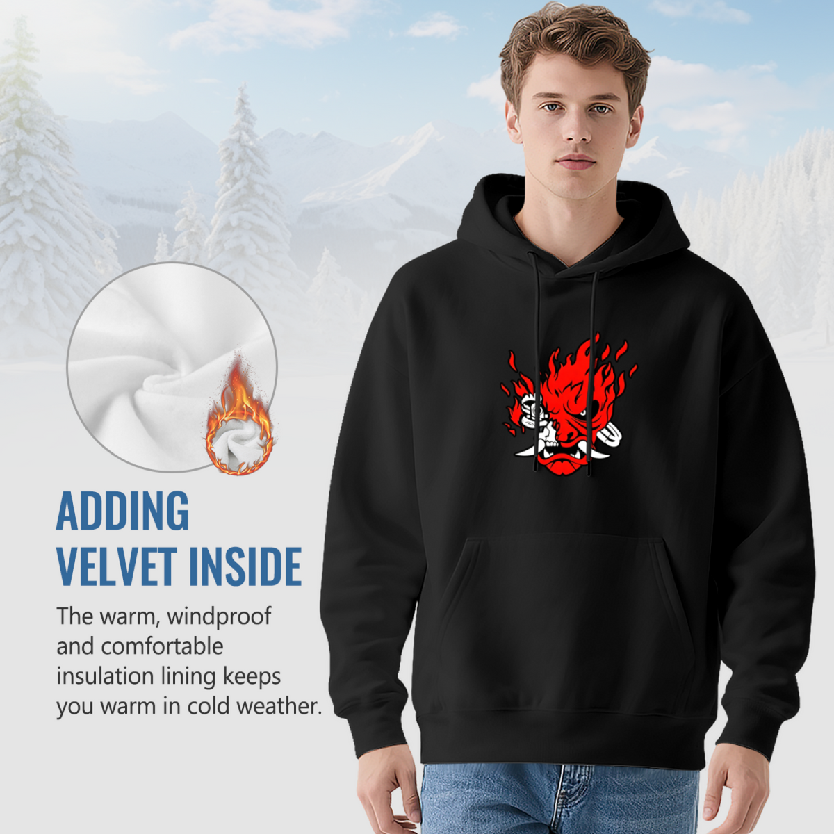 Fiery Oni Demon Mask Graphic Hoodie