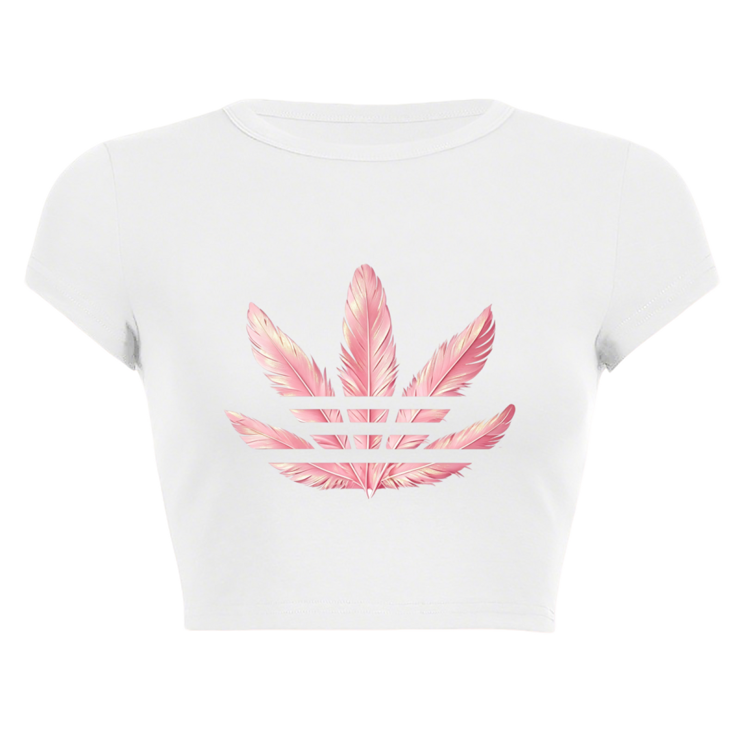 Pastel Pink Feather Logo White Slim Crop Tee ¨C Soft Aesthetic Street Top 16.