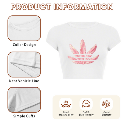 Pastel Pink Feather Logo White Slim Crop Tee ¨C Soft Aesthetic Street Top 16.