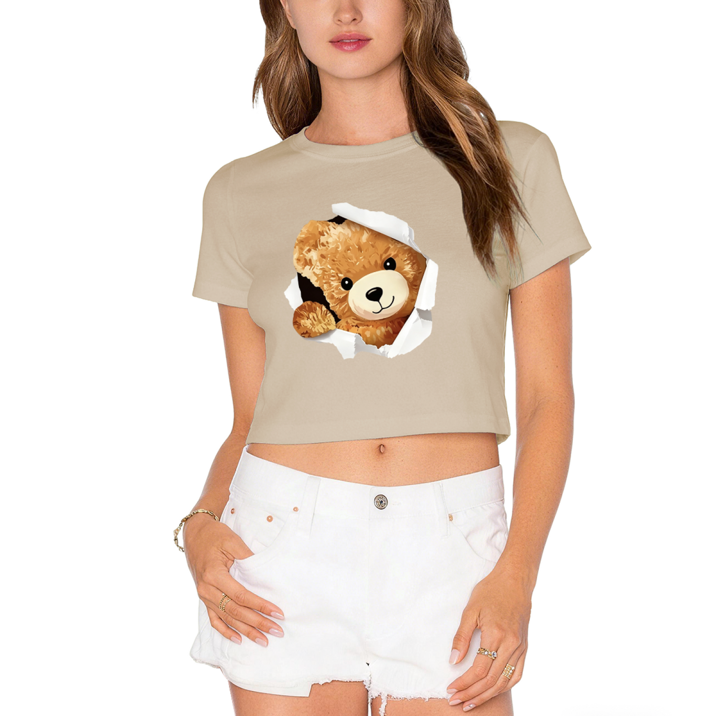 Torn Paper Teddy Bear White Crop Top ¨C Adorable 3D Bear Print  Tee