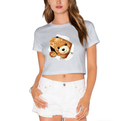 Torn Paper Teddy Bear White Crop Top ¨C Adorable 3D Bear Print  Tee