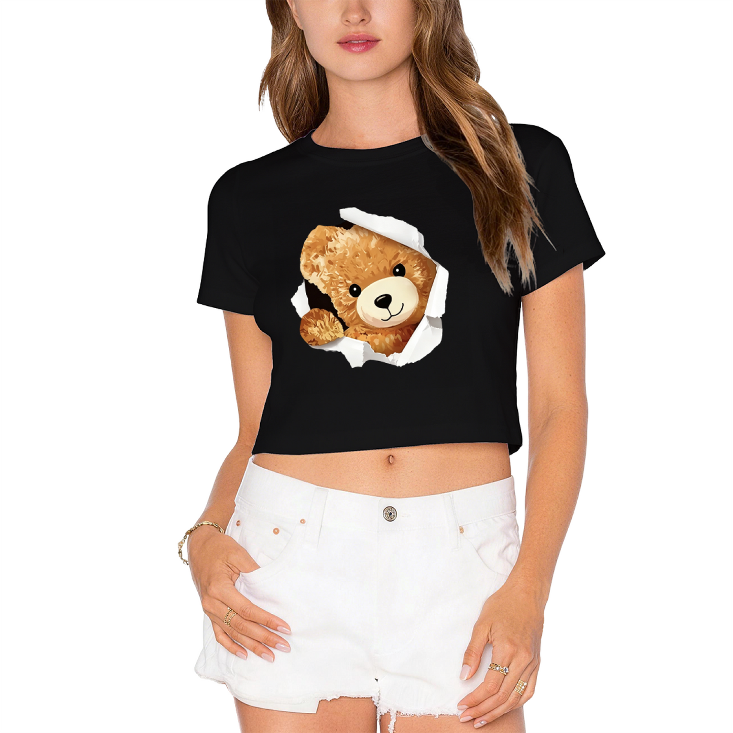 Torn Paper Teddy Bear White Crop Top ¨C Adorable 3D Bear Print  Tee