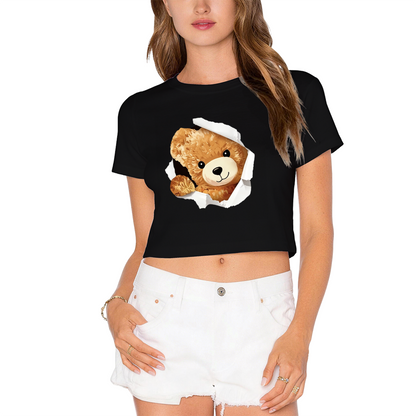 Torn Paper Teddy Bear White Crop Top ¨C Adorable 3D Bear Print  Tee