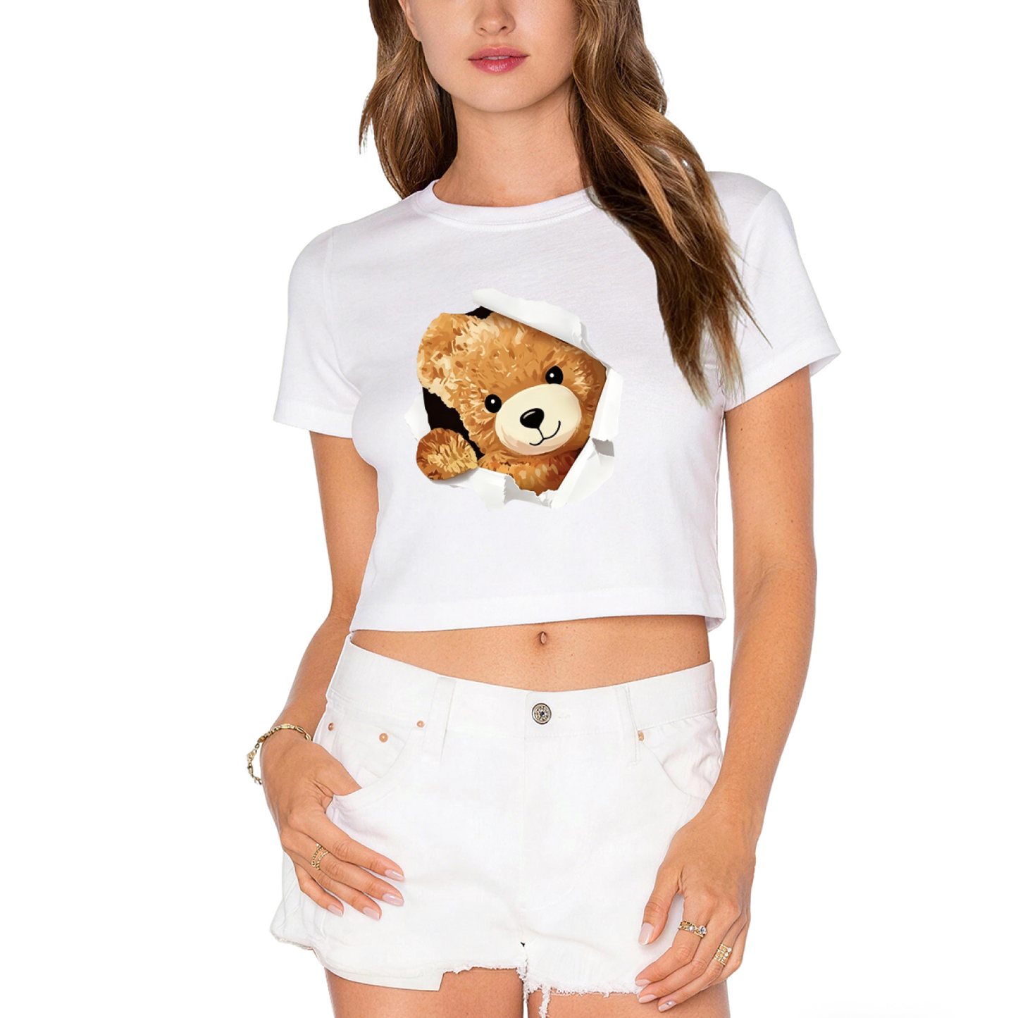 Torn Paper Teddy Bear White Crop Top ¨C Adorable 3D Bear Print  Tee