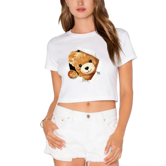 Torn Paper Teddy Bear White Crop Top ¨C Adorable 3D Bear Print  Tee