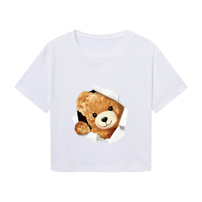 Torn Paper Teddy Bear White Crop Top ¨C Adorable 3D Bear Print  Tee