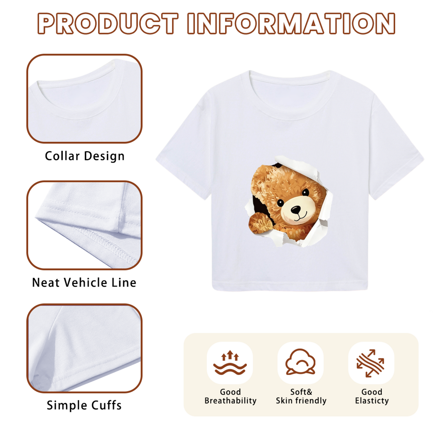 Torn Paper Teddy Bear White Crop Top ¨C Adorable 3D Bear Print  Tee