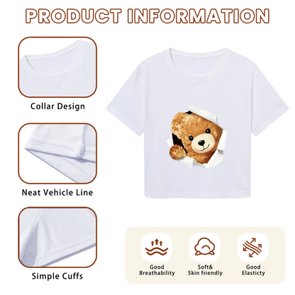 Torn Paper Teddy Bear White Crop Top ¨C Adorable 3D Bear Print  Tee