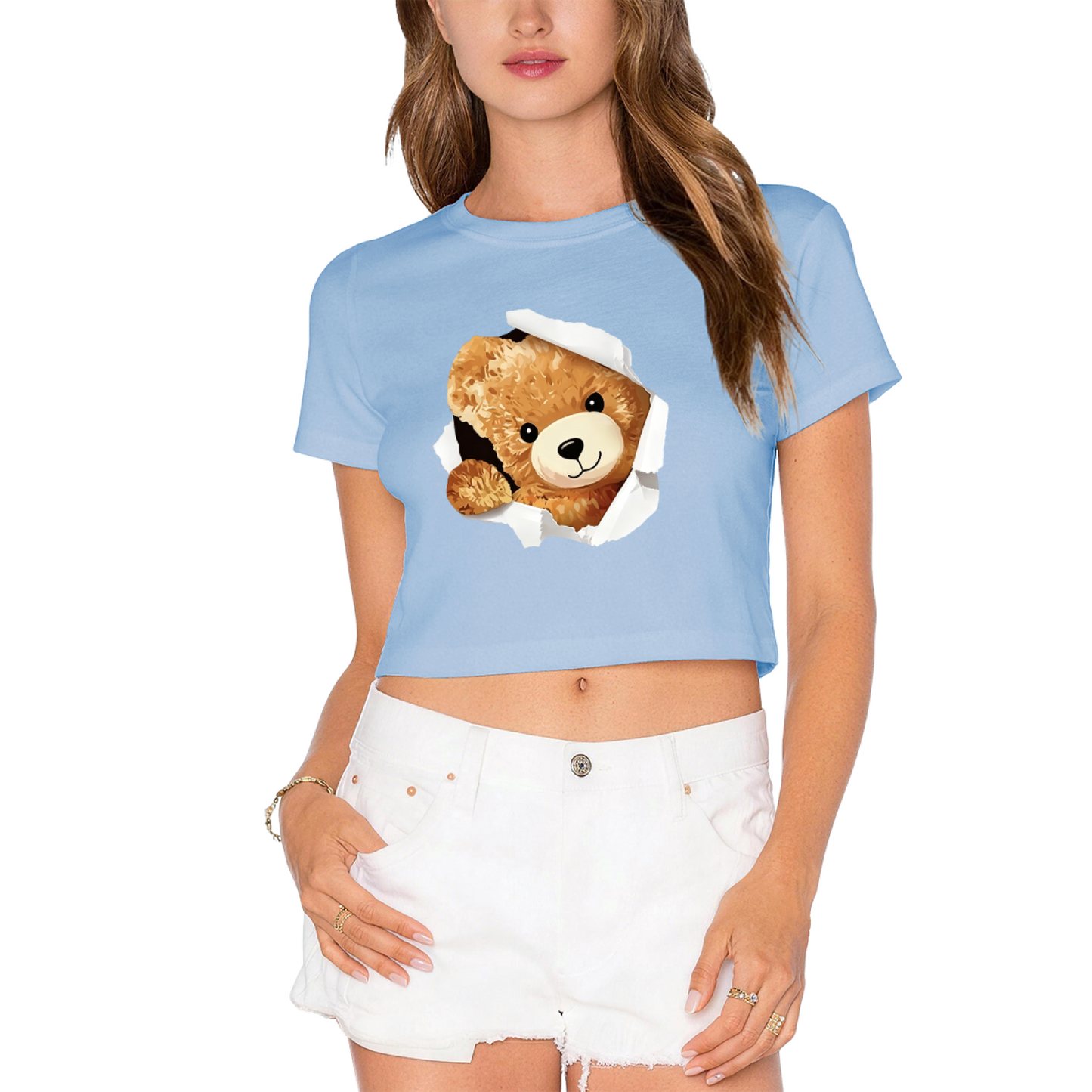 Torn Paper Teddy Bear White Crop Top ¨C Adorable 3D Bear Print  Tee