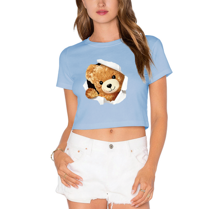 Torn Paper Teddy Bear White Crop Top ¨C Adorable 3D Bear Print  Tee