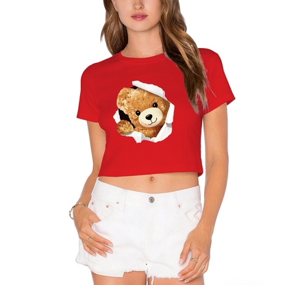 Torn Paper Teddy Bear White Crop Top ¨C Adorable 3D Bear Print  Tee