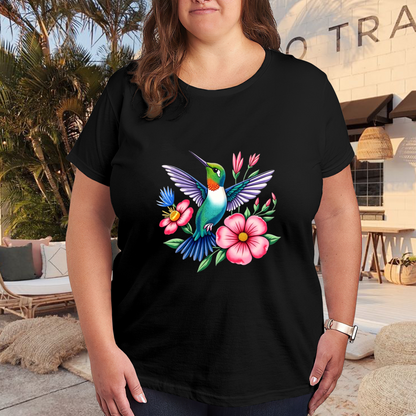 Vibrant Floral Hummingbird Nature Art Tee