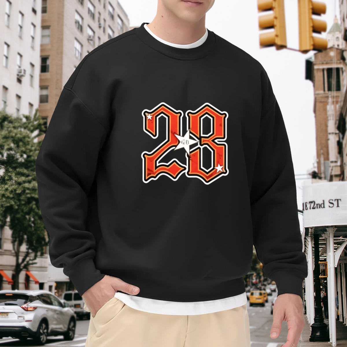 Retro Flame Number 28 Star Graphic Black Crewneck Sweatshirt