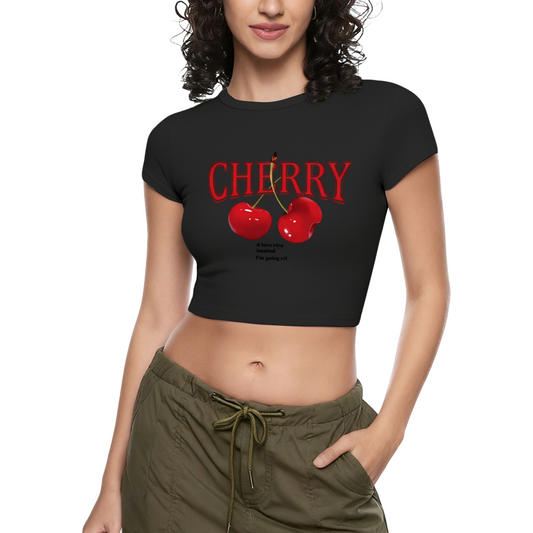 Retro Red Cherry Letter Y2K Aesthetic Black Crop Tee