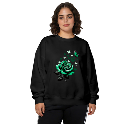 Dark Green Rose & Swarm Butterflies Art Crewneck Sweatshirt