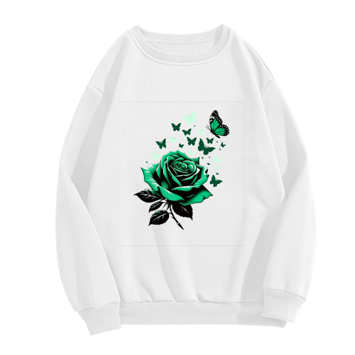 Dark Green Rose & Swarm Butterflies Art Crewneck Sweatshirt