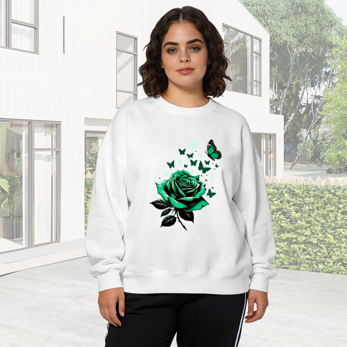 Dark Green Rose & Swarm Butterflies Art Crewneck Sweatshirt