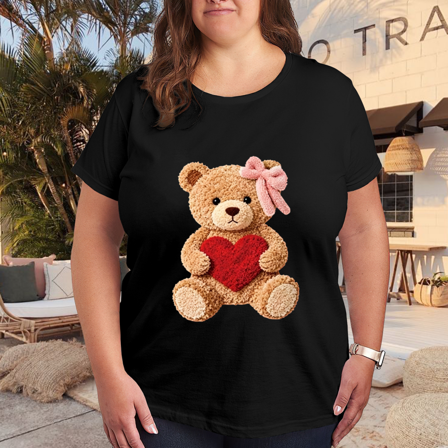 Fluffy Teddy Bear Holding Red Heart Coquette Tee