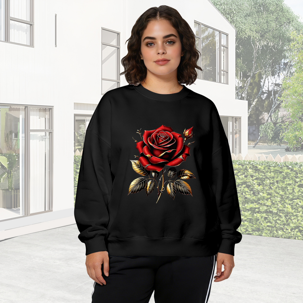 Bold Red Rose With Golden Leaves Crewneck Sweatshirt