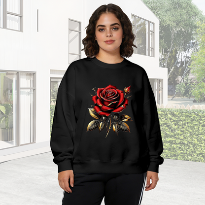 Bold Red Rose With Golden Leaves Crewneck Sweatshirt